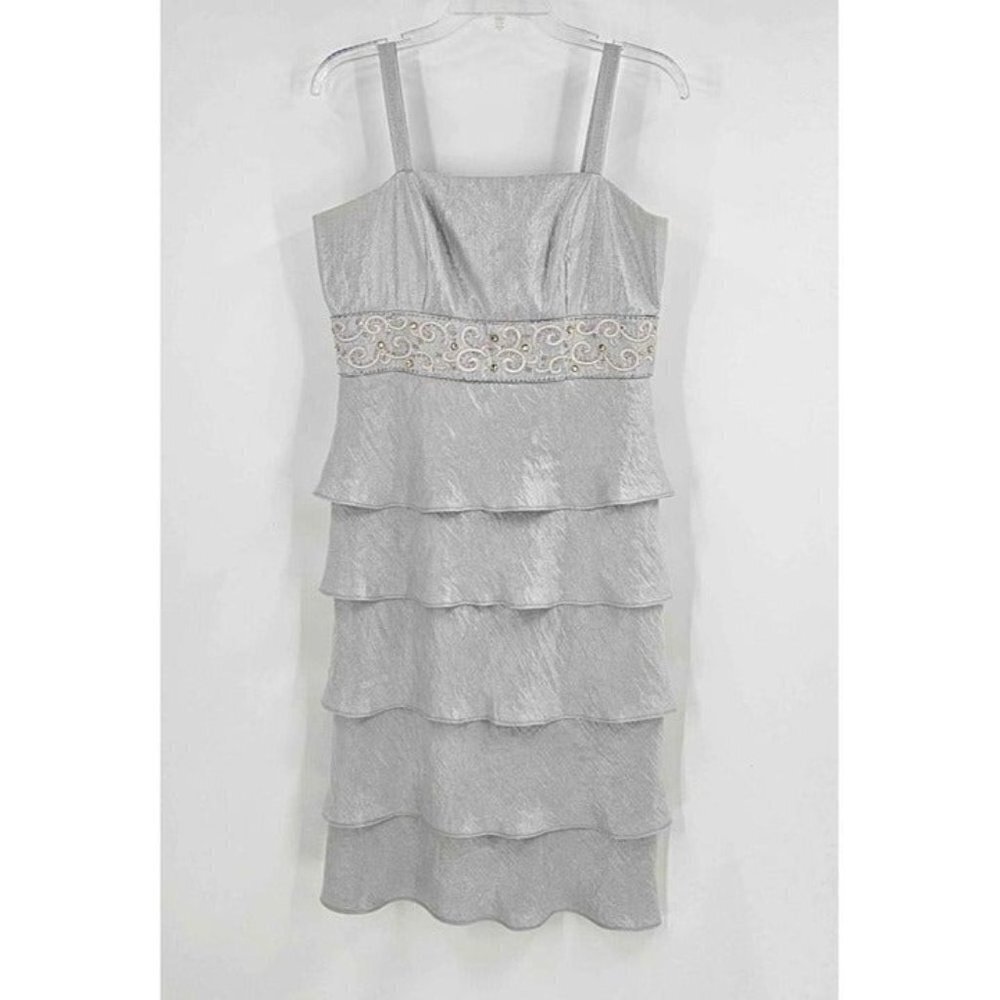 Davids Bridal Silver Ruffled Beaded Dress Back Zip Size 8